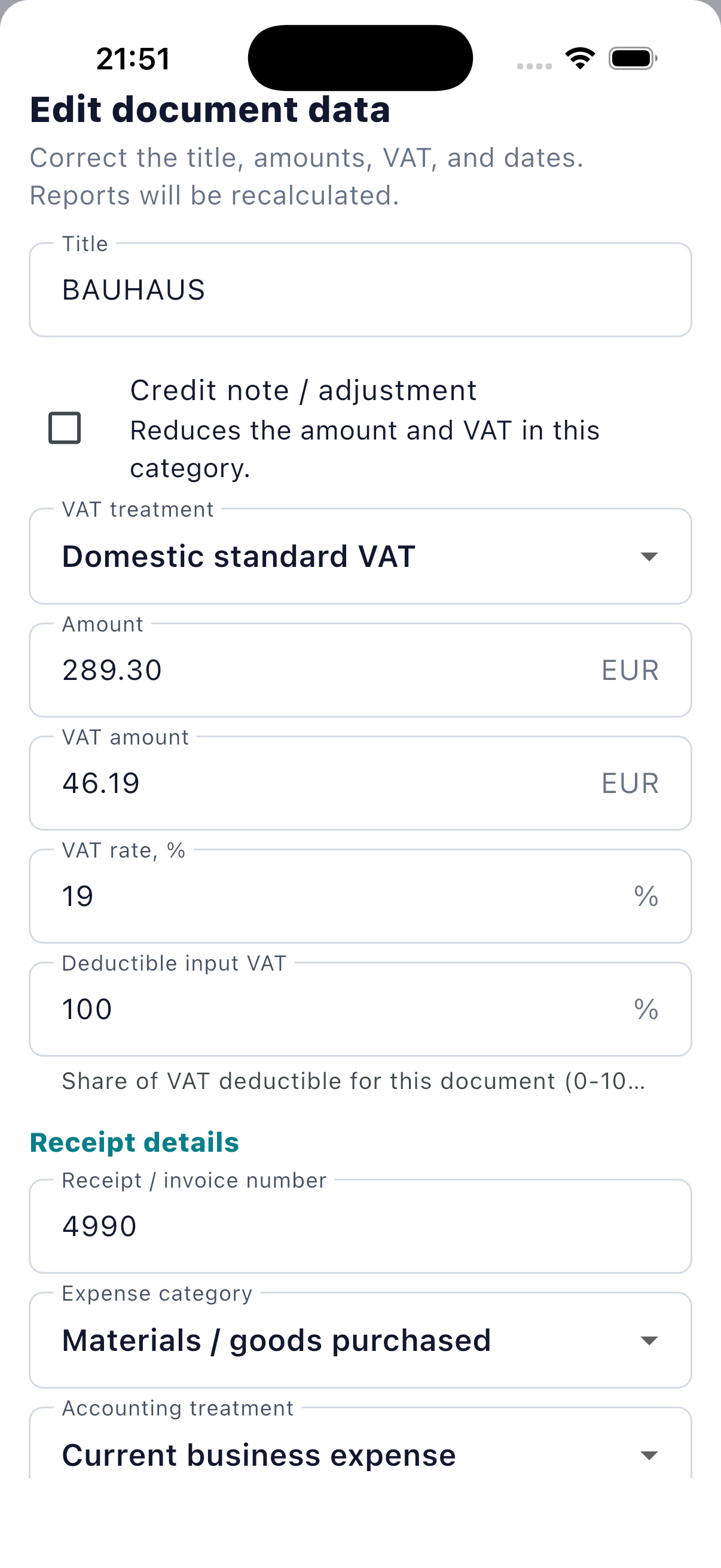 Check or correct the document data